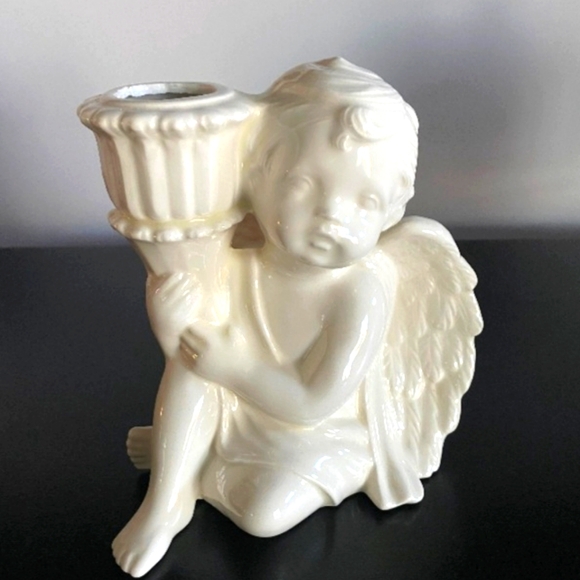 🆕️🔥2 Vtg White Ceramic Cherub w Candle Holder🔥 Set - Picture 2 of 6